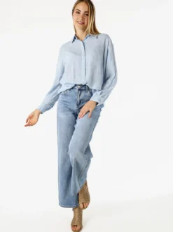 Solada Camicia donna oversize a maniche lunghe in misto cotone - azzurro