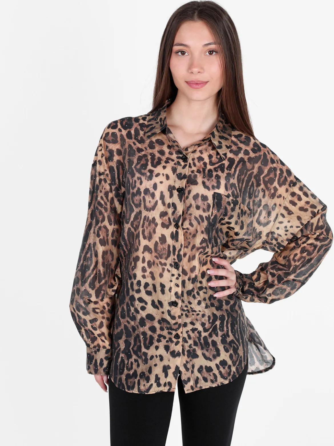 Solada Camicia donna oversize animalier con strass
