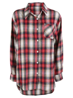 Solada Camicia donna oversize a quadri con stampa orsacchiotto sul retro - rosso