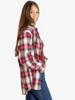 Solada Camicia donna oversize a quadri con stampa orsacchiotto sul retro - rosso
