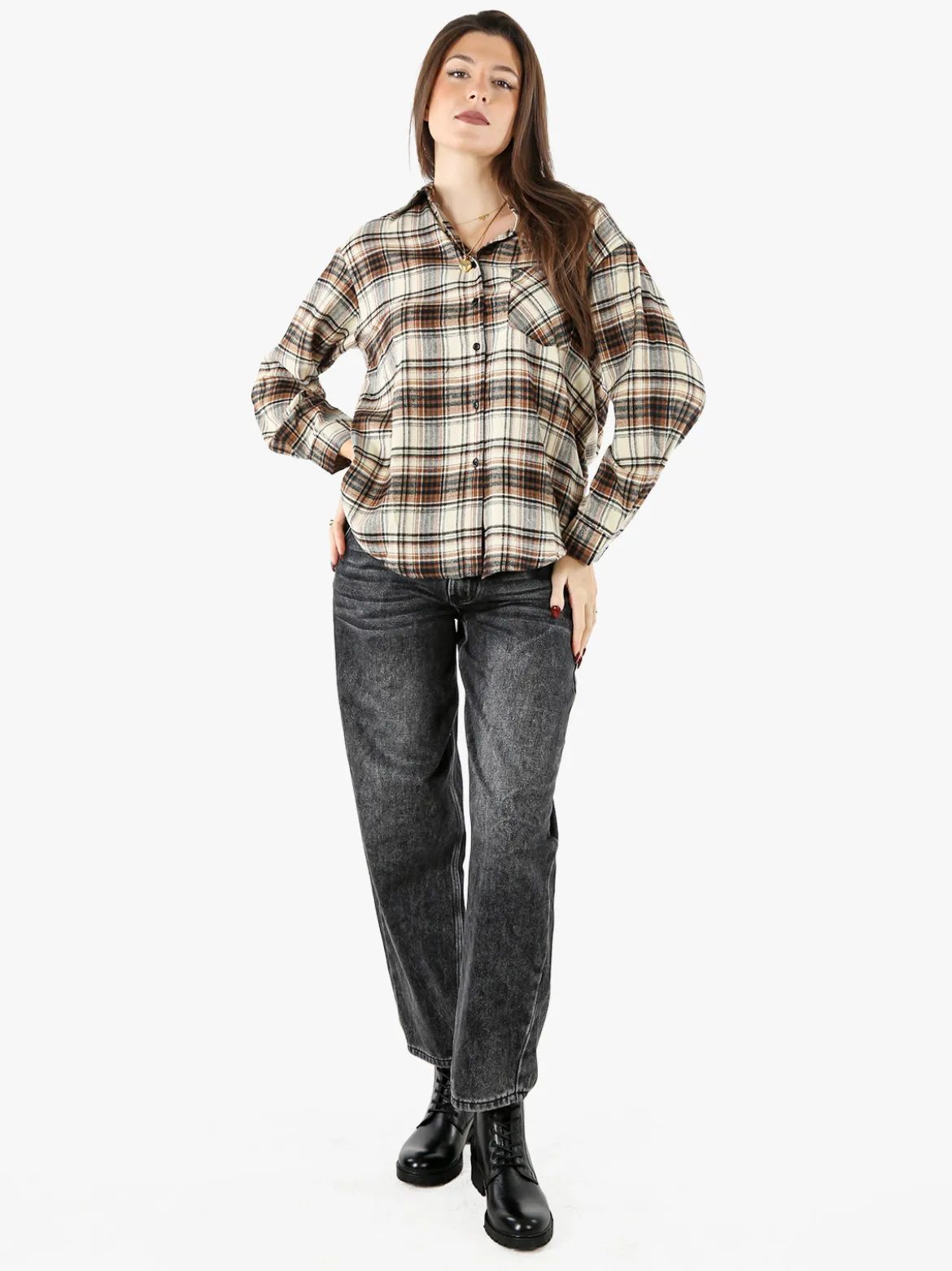 Solada Camicia donna oversize a quadri in flanella - marrone