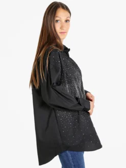 Solada Camicia donna oversize con strass a maniche lunghe - argento