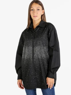 Solada Camicia donna oversize con strass a maniche lunghe - argento