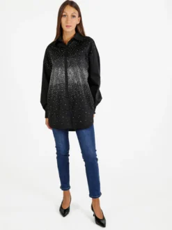 Solada Camicia donna oversize con strass a maniche lunghe - argento