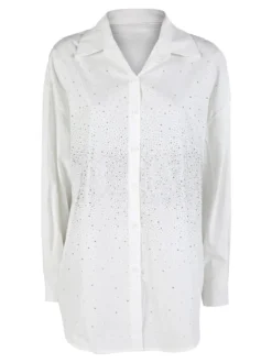 Solada Camicia donna oversize con strass a maniche lunghe - bianco