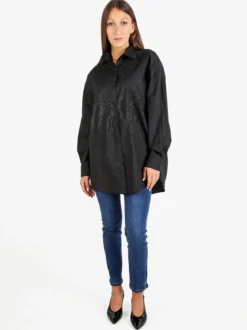 Solada Camicia donna oversize con strass a maniche lunghe - nero