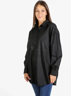 Solada Camicia donna oversize con strass a maniche lunghe - nero
