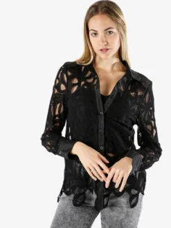 Solada Camicia donna ricamata in pizzo a maniche lunghe - nero
