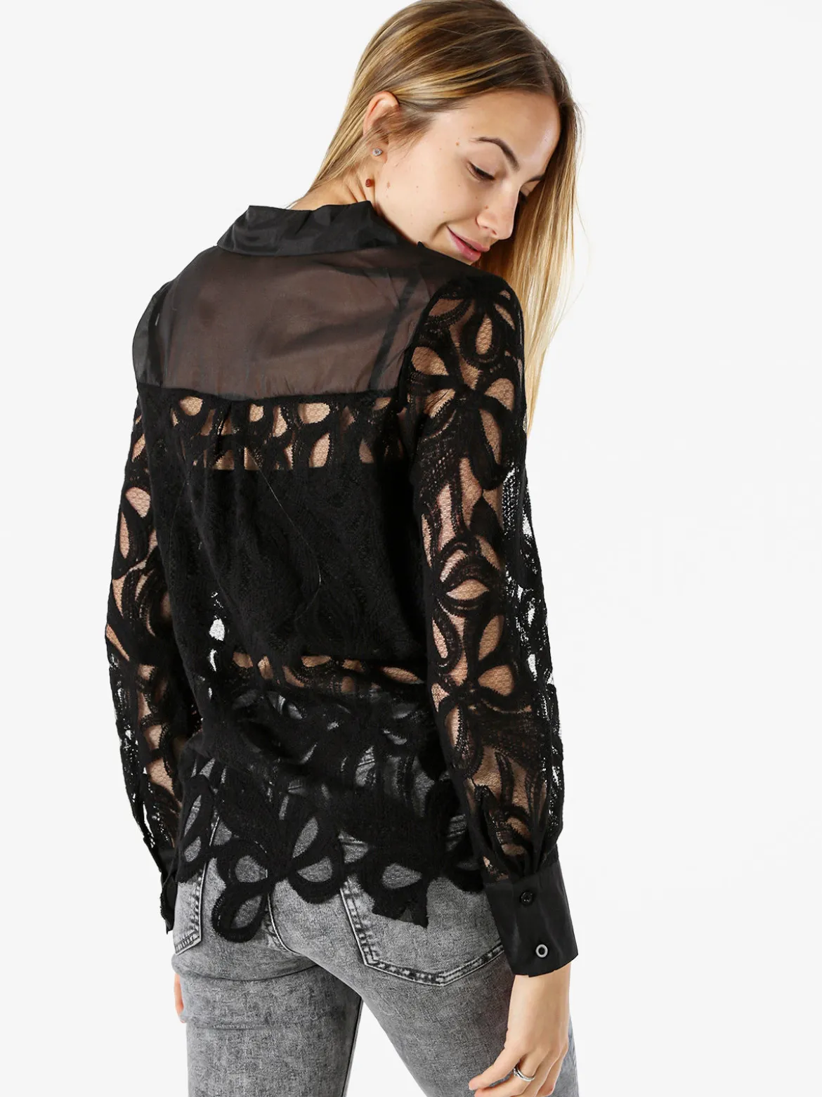 Solada Camicia donna ricamata in pizzo a maniche lunghe - nero