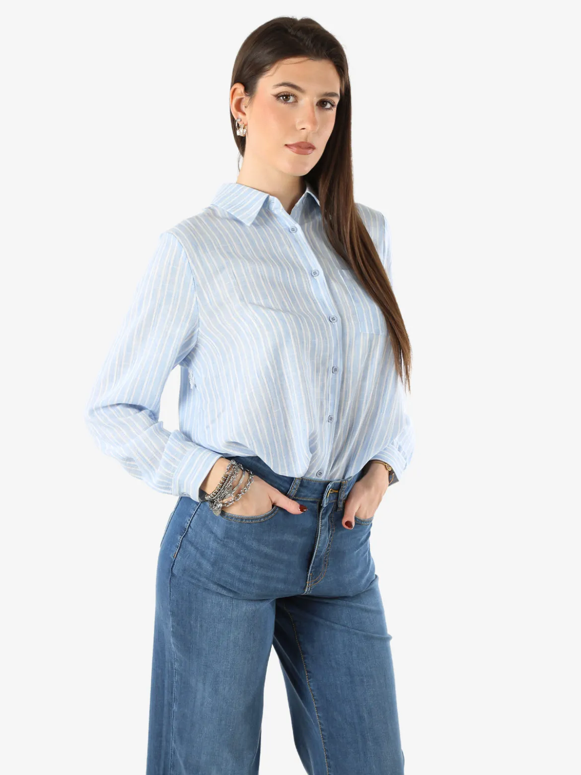 Solada Camicia donna rigata a maniche lunghe oversize - azzurro