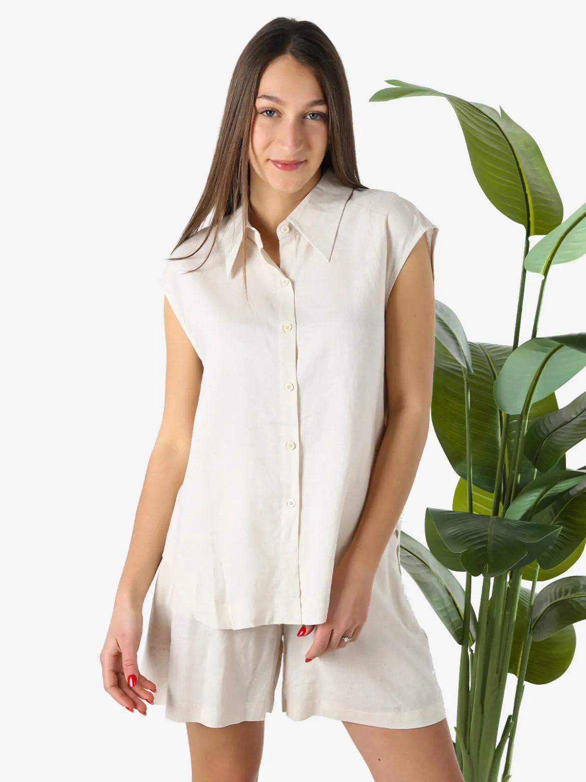 Solada Camicia donna smanicata in misto lino - beige