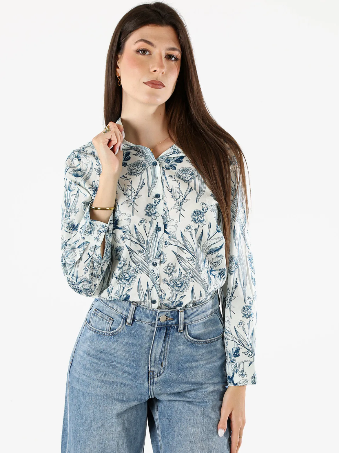 Solada Camicia floreale da donna in cotone a maniche lunghe - turchese