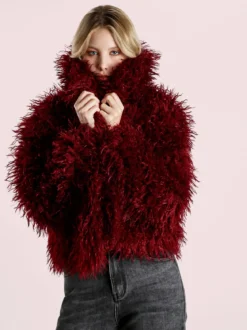 Solada Cappotto corto donna in ecopelliccia mongolia - bordeaux