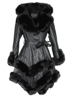 Solada Cappotto donna in ecopelle con cappuccio e dettagli in pelliccia sintetica