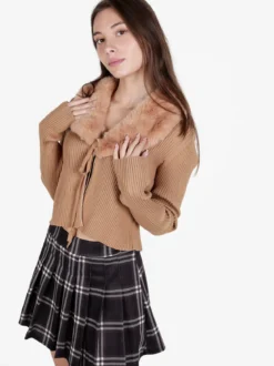 Solada Cardigan donna in maglia a costine con scollo in pelliccia sintetica