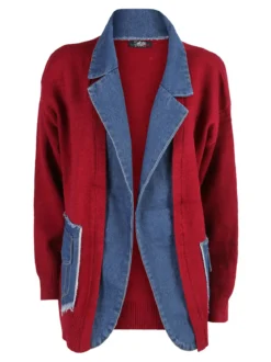 Solada Cardigan donna in maglia con inserti jeans - bordeaux