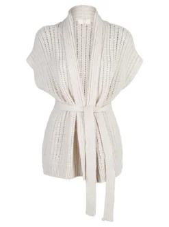 Solada Cardigan donna smanicato in maglia traforata con cintura - beige
