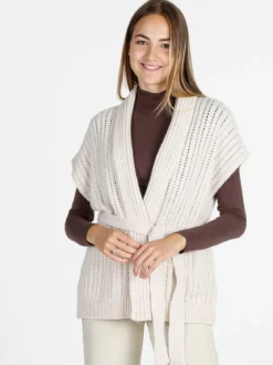 Solada Cardigan donna smanicato in maglia traforata con cintura - moro