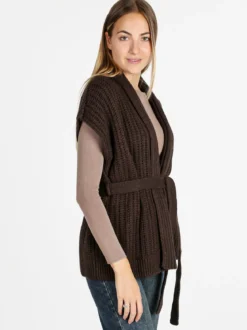 Solada Cardigan donna smanicato in maglia traforata con cintura - moro