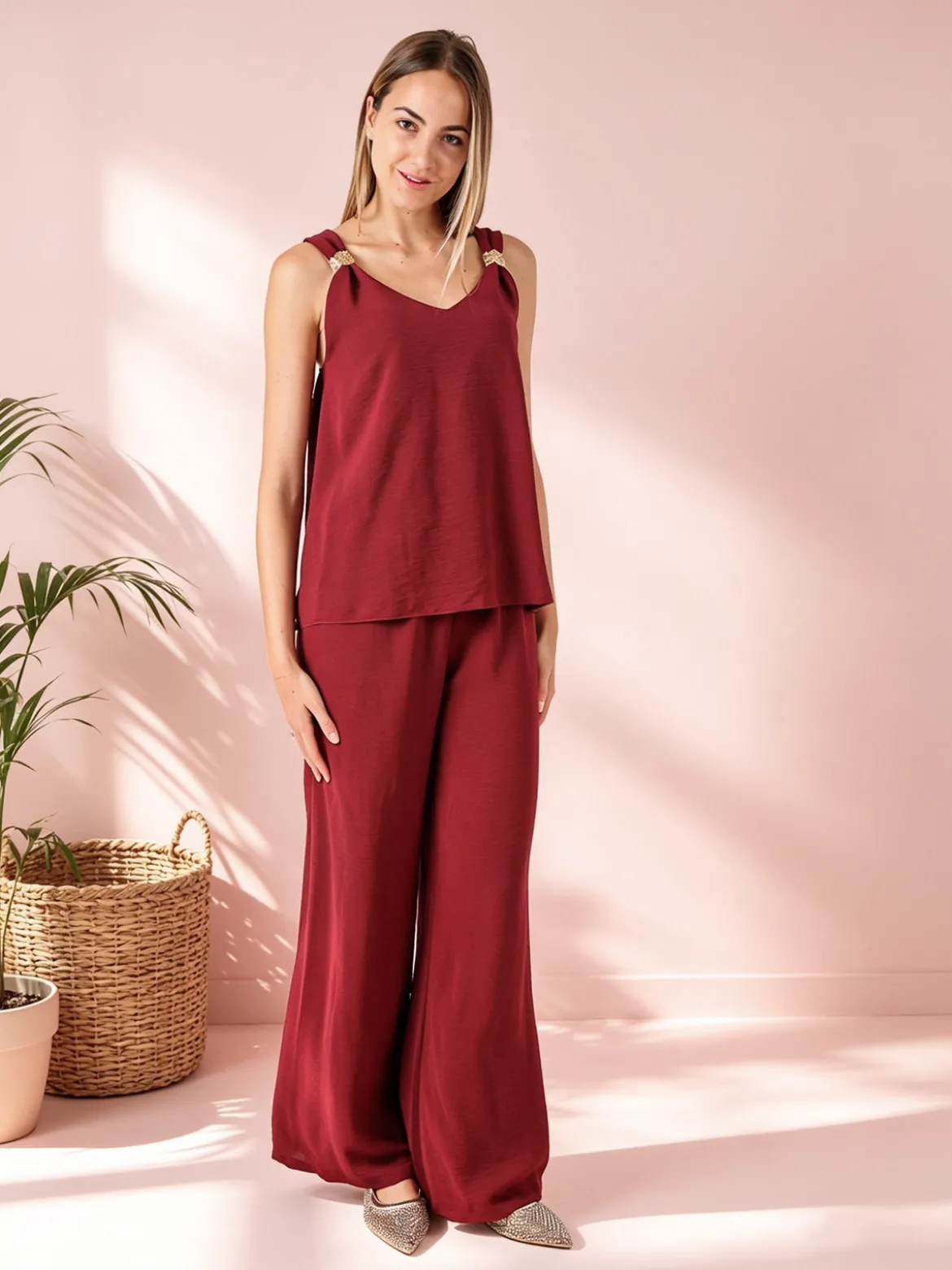 Solada Completo casual da donna con top e pantaloni a gamba larga - bordeaux
