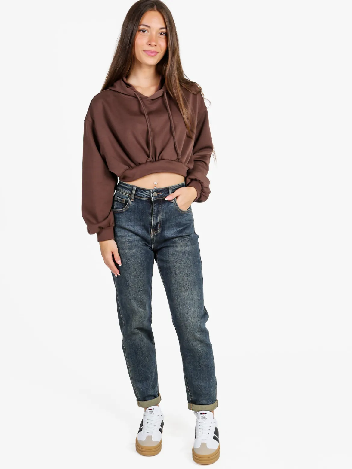 Solada Felpa donna cropped oversize con cappuccio - moro