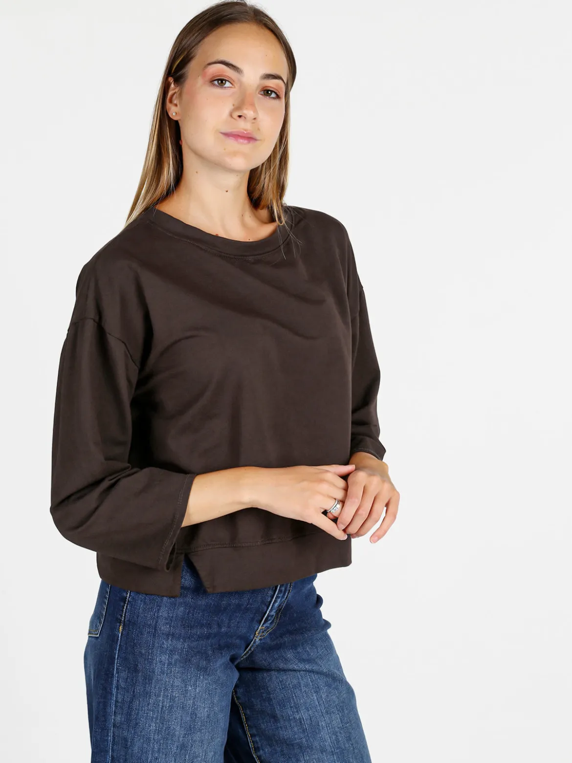 Solada Felpa donna leggera oversize girocollo - moro