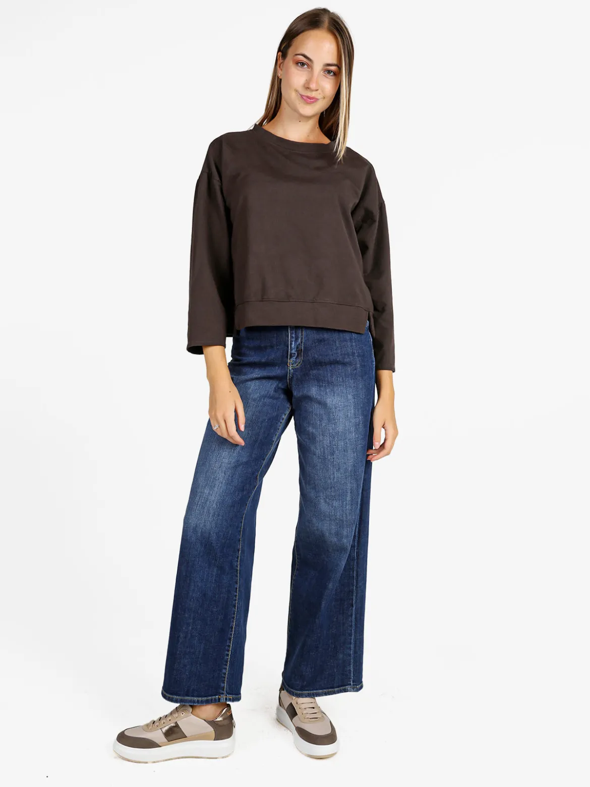 Solada Felpa donna leggera oversize girocollo - moro