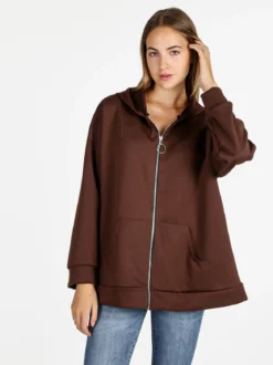 Solada Felpa donna oversize con cappuccio e zip - moro