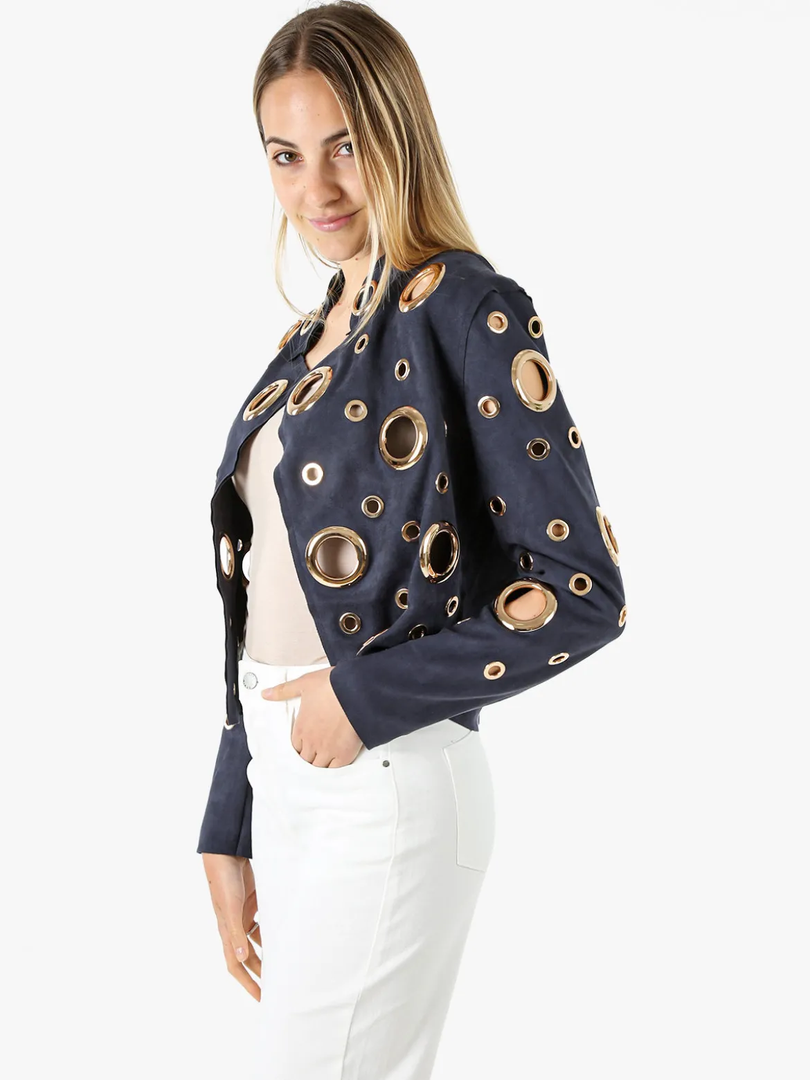 Solada Giacca donna in tessuto scamosciato con anelli - blu scuro