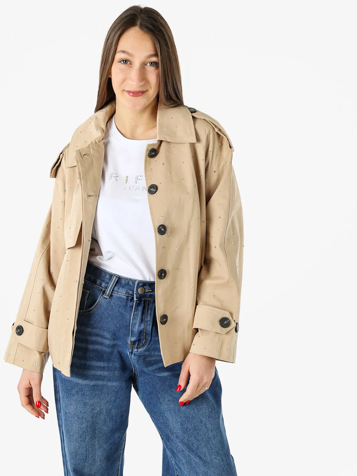 Solada Giacca donna oversize in cotone con micro borchie - khaki