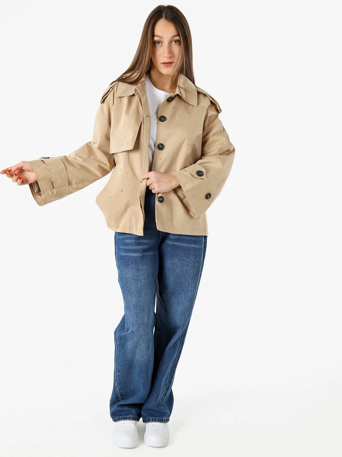 Solada Giacca donna oversize in cotone con micro borchie - khaki