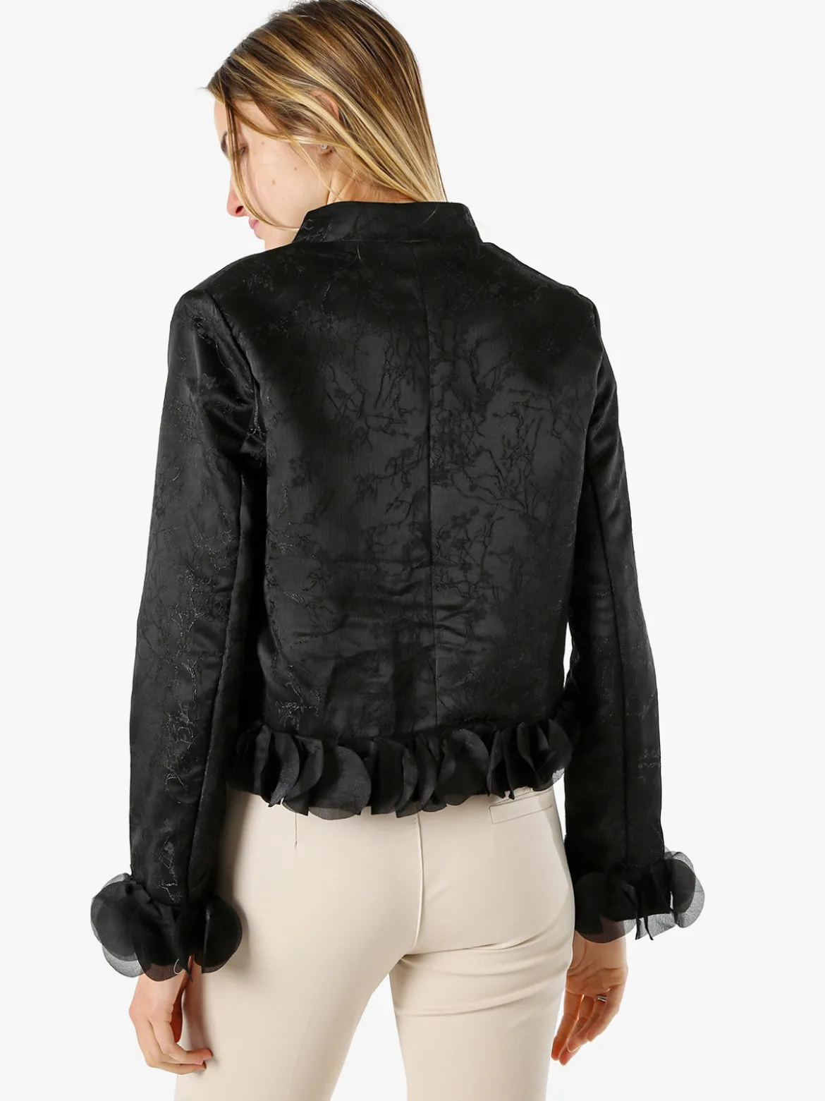 Solada Giacca elegante da donna con ricami e volant - nero