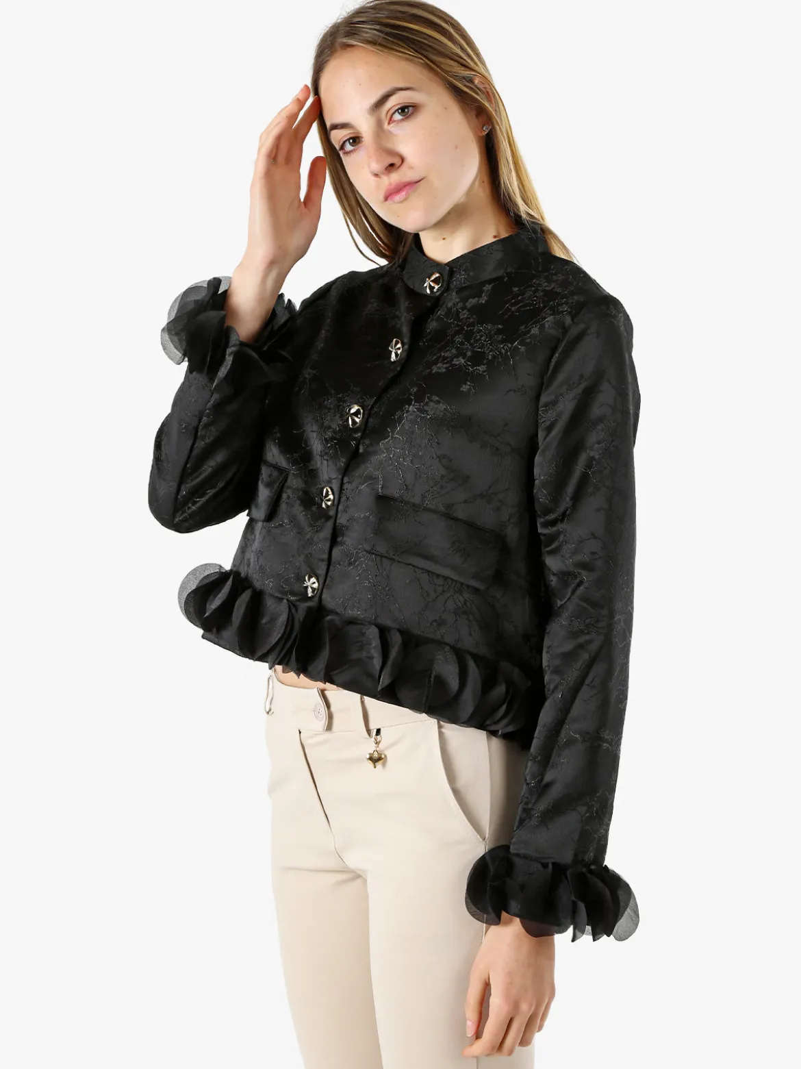 Solada Giacca elegante da donna con ricami e volant - nero