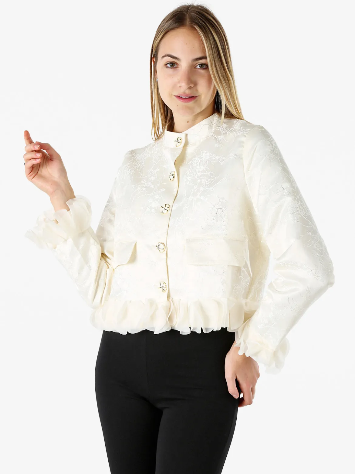 Solada Giacca elegante da donna con ricami e volant - panna