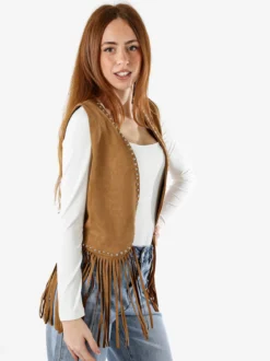 Solada Gilet donna scamosciato con borchie e frange - cammello