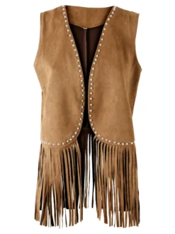 Solada Gilet donna scamosciato con borchie e frange - cammello