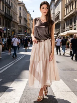 Solada Gonna lunga da donna con cintura bicolore in corda - beige