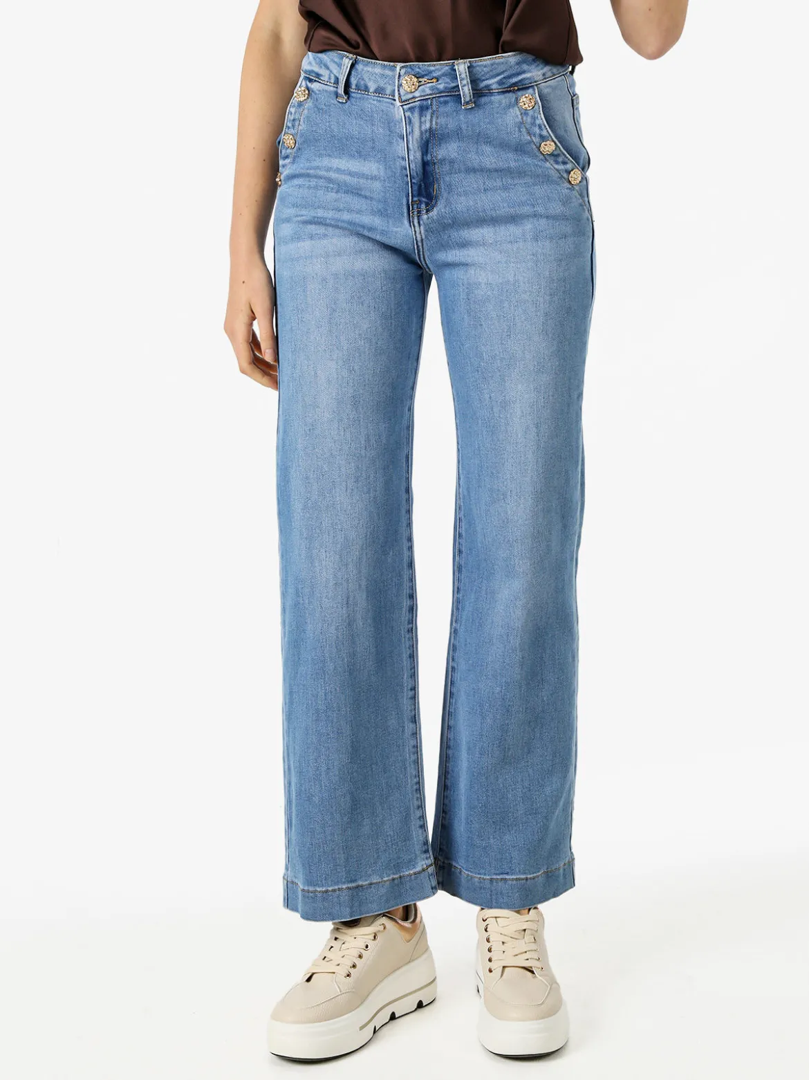 Solada Jeans donna a gamba larga con bottoni gioiello - jeans