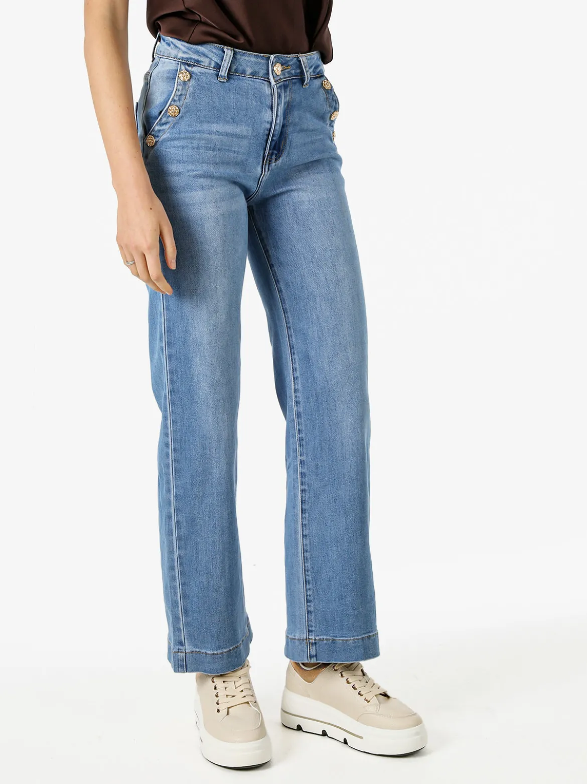 Solada Jeans donna a gamba larga con bottoni gioiello - jeans