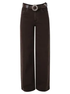 Solada Jeans donna wide leg con cintura - marrone