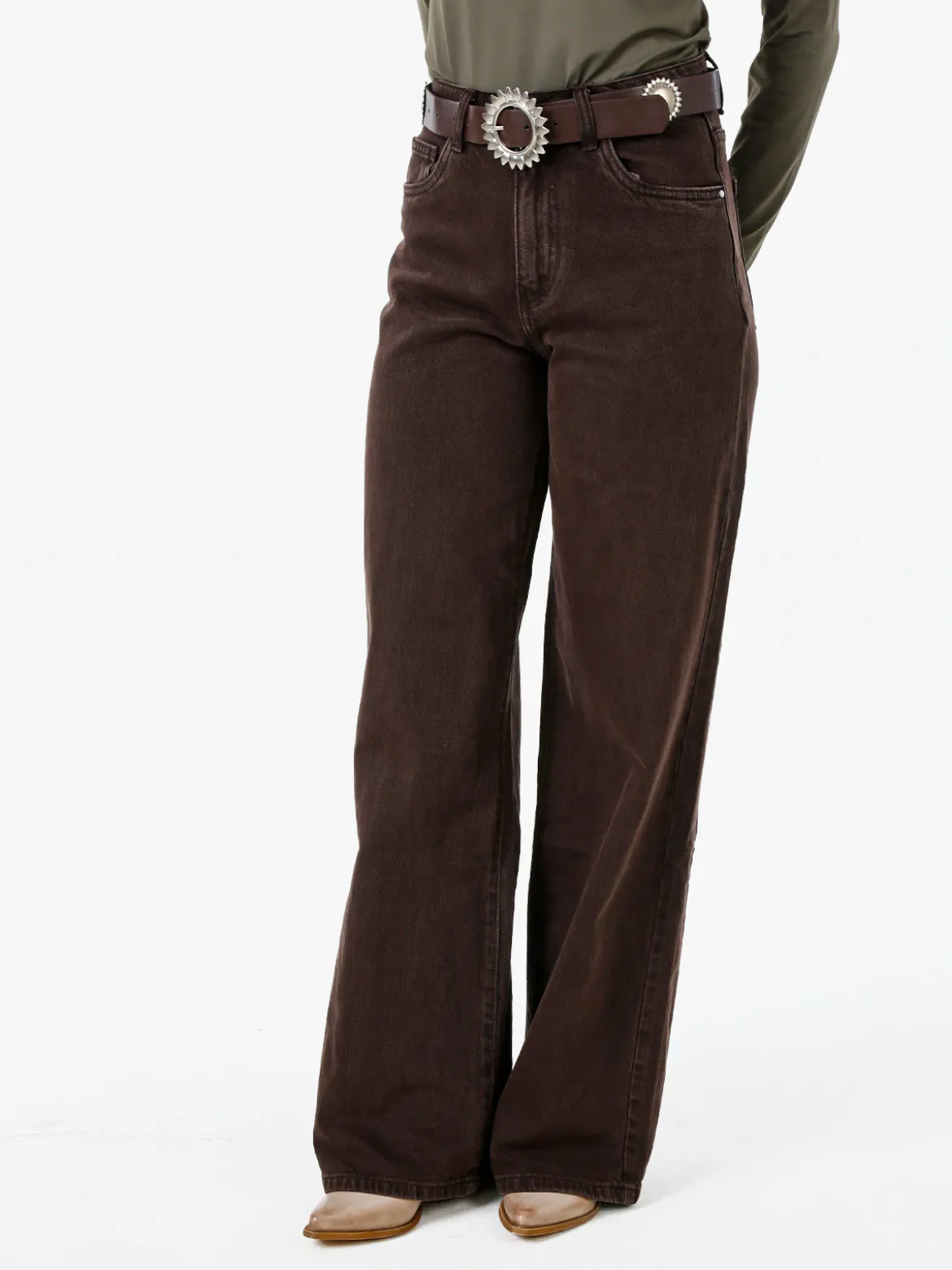 Solada Jeans donna wide leg con cintura - marrone