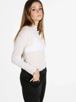 Solada Maglia donna a lupetto in microrete con borchie - bianco