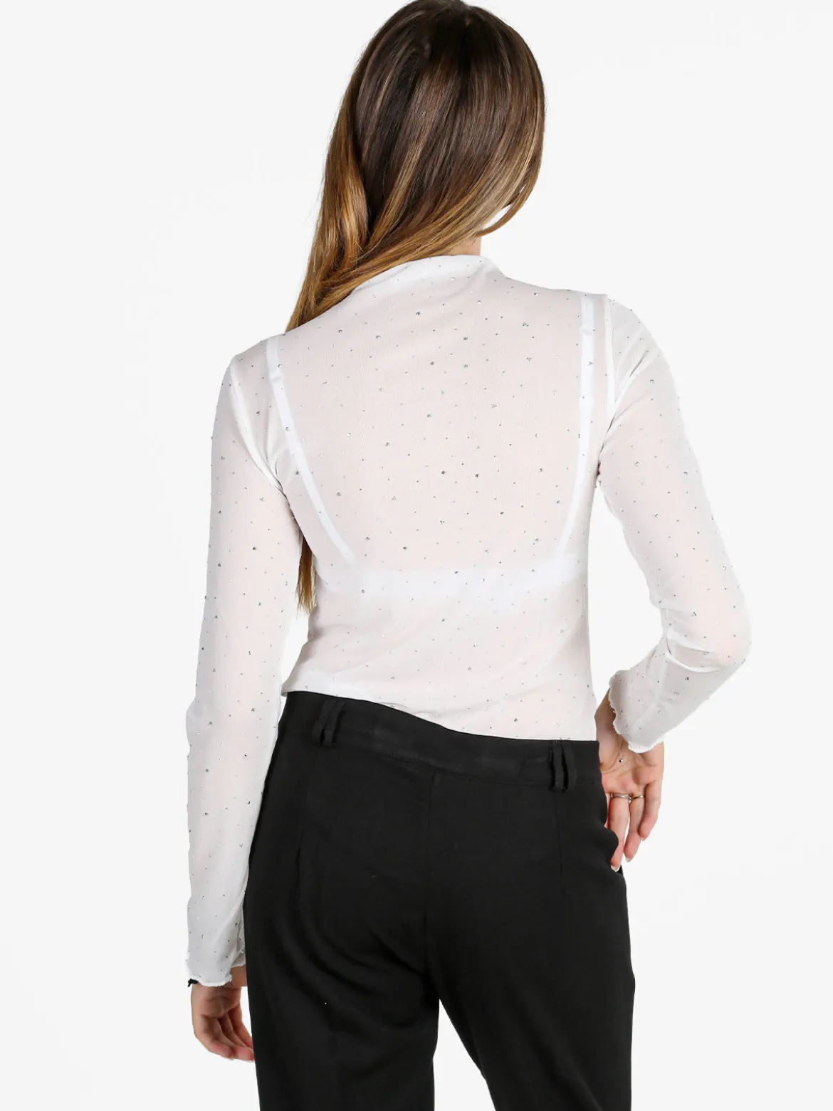 Solada Maglia donna a lupetto in microrete con borchie - bianco