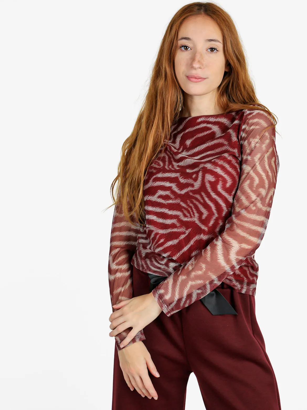 Solada Maglia donna con stampe e maniche velate - bordeaux