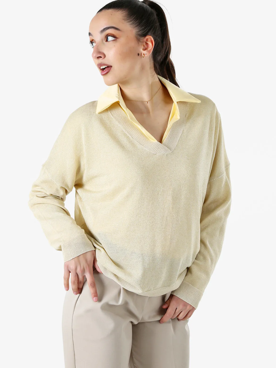 Solada Maglia donna lurex oversize con scollo V - oro
