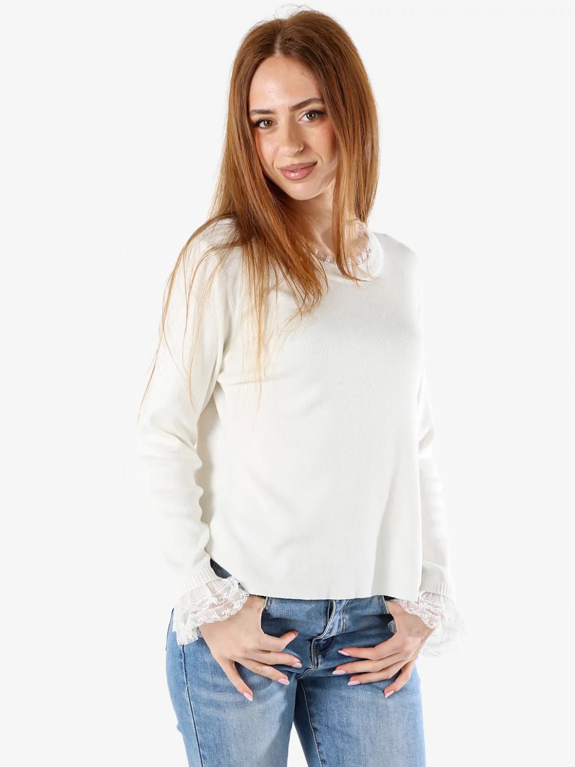 Solada Maglia girocollo da donna con dettagli in pizzo - bianco