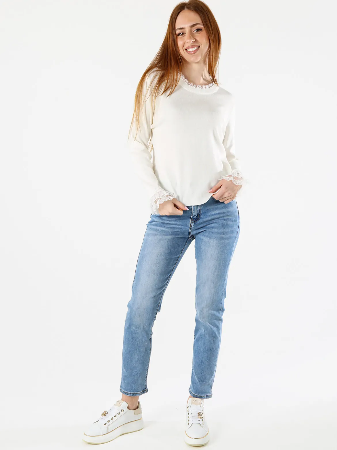 Solada Maglia girocollo da donna con dettagli in pizzo - bianco