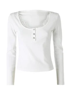 Solada Maglietta donna in cotone a maniche lunghe con dettaglio di pizzo - bianco