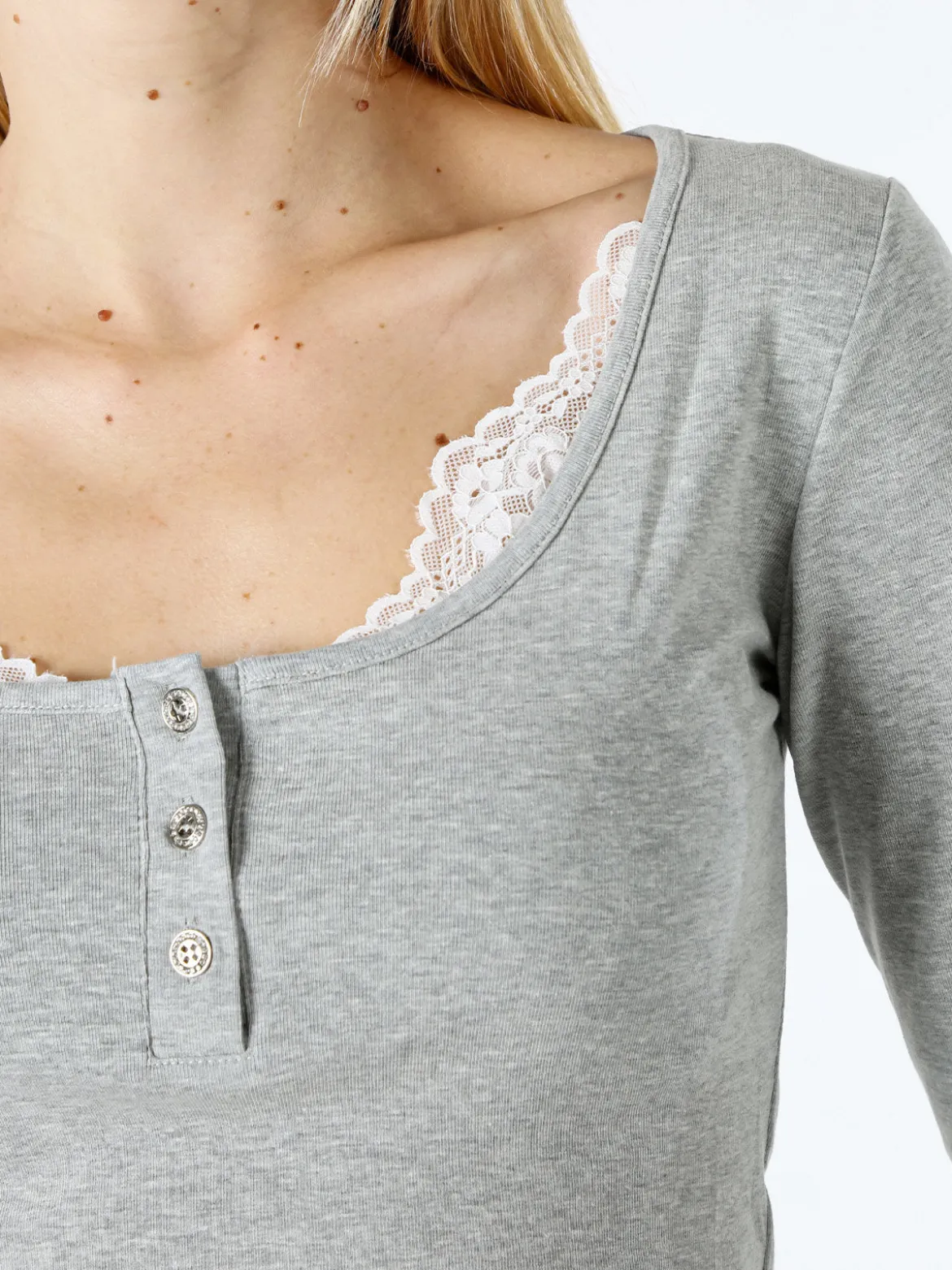 Solada Maglietta donna in cotone a maniche lunghe con dettaglio di pizzo - grigio