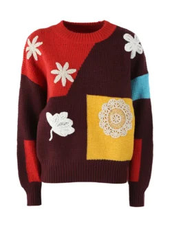Solada Maglione donna oversize a blocchi di colore con ricami - rosso
